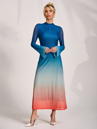 Long Sleeve High Neck Mesh Dress, Orange Multi