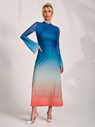 Long Sleeve High Neck Mesh Dress, Orange Multi