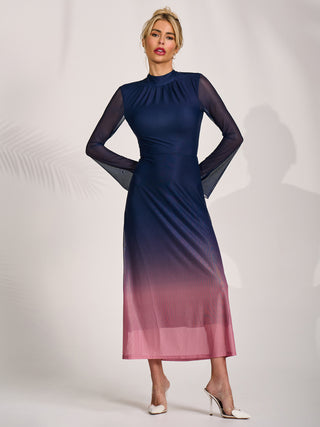 Long Sleeve High Neck Mesh Dress, Pink Multi
