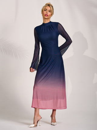 Long Sleeve High Neck Mesh Dress, Pink Multi