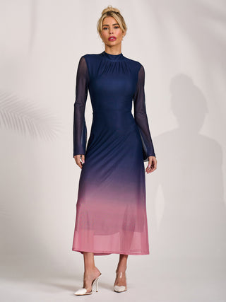 Long Sleeve High Neck Mesh Dress, Pink Multi