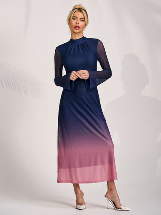 Long Sleeve High Neck Mesh Dress, Pink Multi