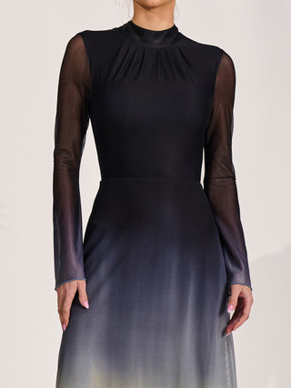 Long Sleeve High Neck Mesh Dress, Yellow Multi