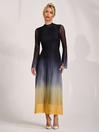 Long Sleeve High Neck Mesh Dress, Yellow Multi