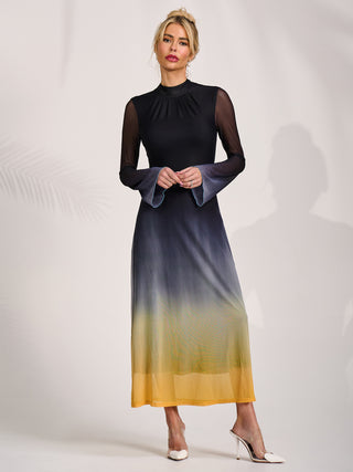 Long Sleeve High Neck Mesh Dress, Yellow Multi