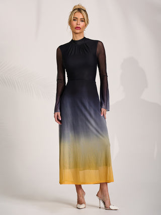 Long Sleeve High Neck Mesh Dress, Yellow Multi