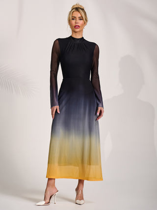 Long Sleeve High Neck Mesh Dress, Yellow Multi