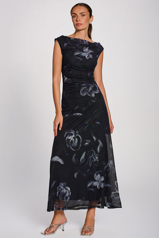 Multiway Neckline Mesh Maxi Dress, Black Floral