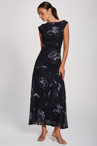 Multiway Neckline Mesh Maxi Dress, Black Floral