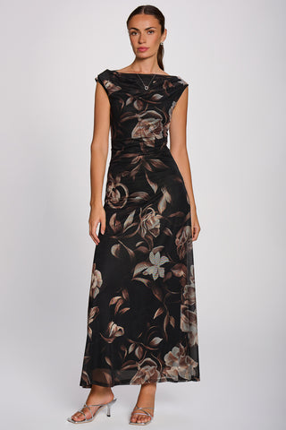 Multiway Neckline Mesh Maxi Dress, Brown Floral