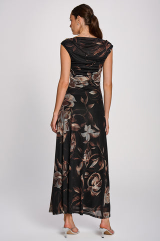 Multiway Neckline Mesh Maxi Dress, Brown Floral