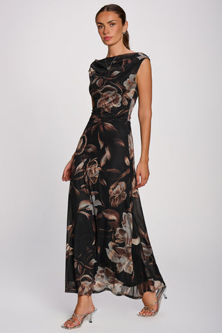 Multiway Neckline Mesh Maxi Dress, Brown Floral