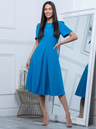 Jolie Moi Debora Button Neck Dress, Blue