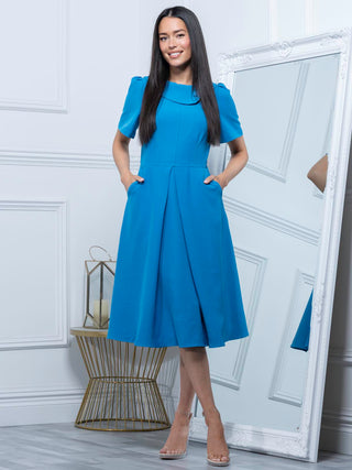 Jolie Moi Debora Button Neck Dress, Blue