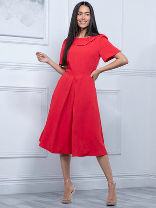 Jolie Moi Debora Button Neck Dress, Red