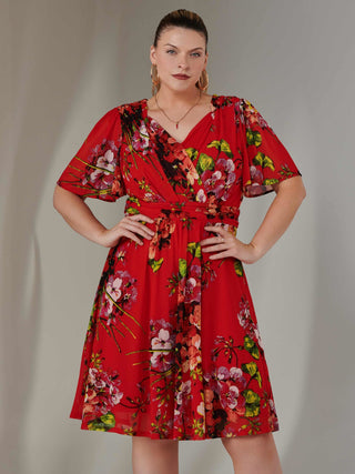 Print Mesh Flare Dress, Red Floral