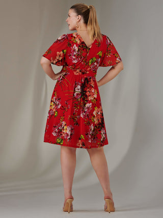 Print Mesh Flare Dress, Red Floral