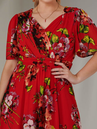 Print Mesh Flare Dress, Red Floral