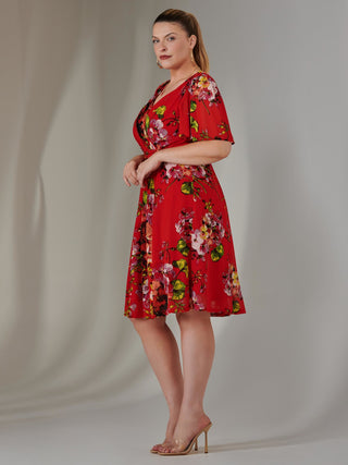 Print Mesh Flare Dress, Red Floral