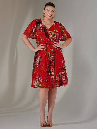 Print Mesh Flare Dress, Red Floral