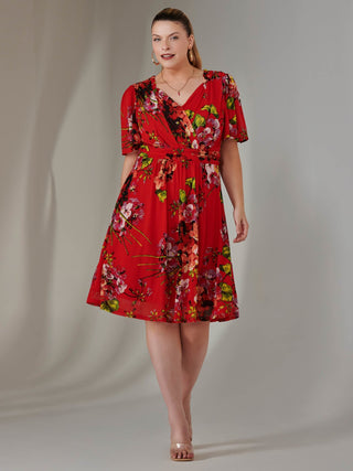 Print Mesh Flare Dress, Red Floral