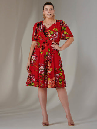 Print Mesh Flare Dress, Red Floral