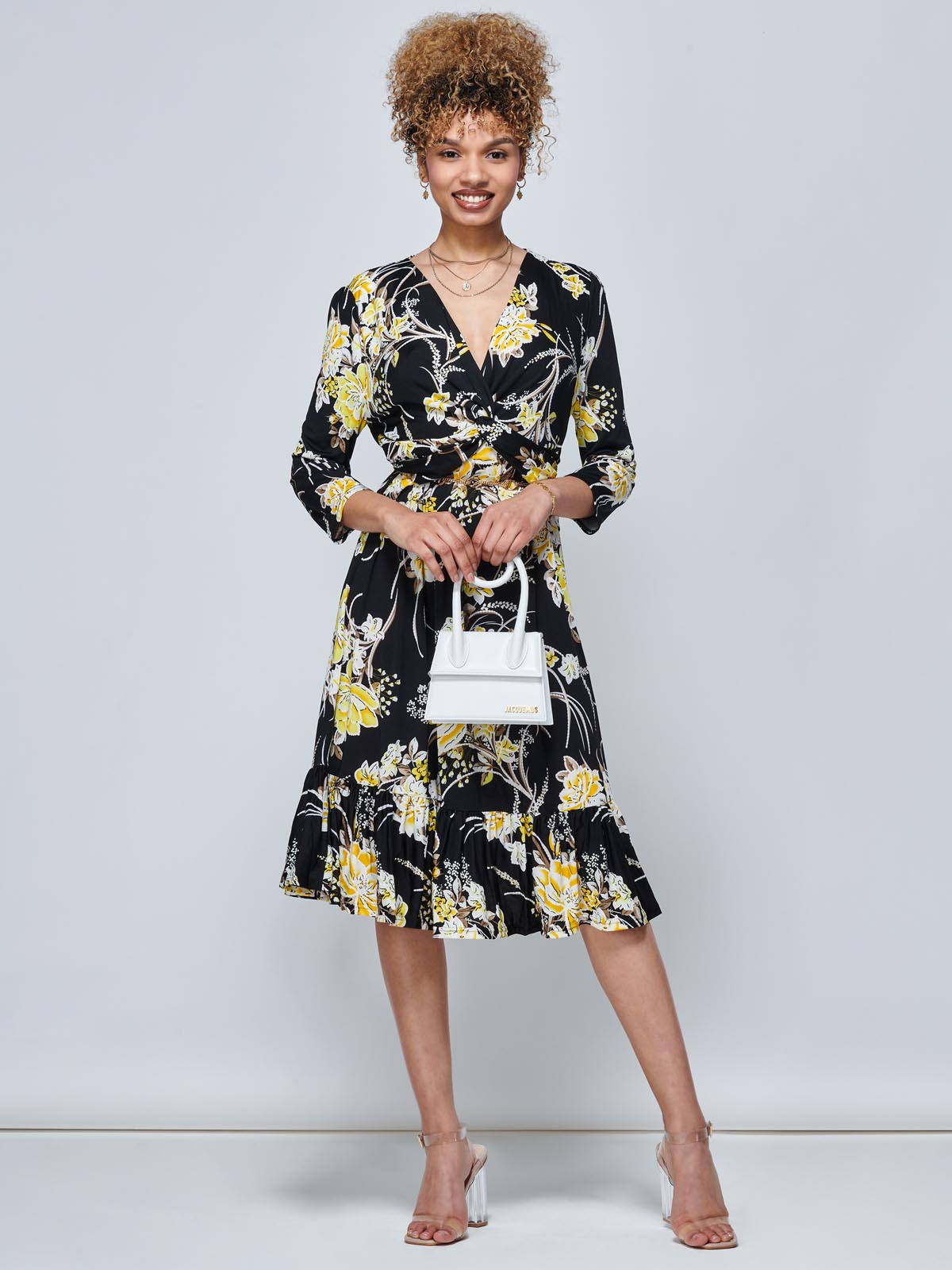 Yellow floral dress hot sale midi