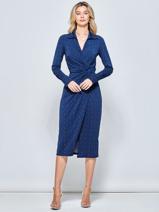 Spot Print Wrap Midi Shirt Dress, Navy Spot