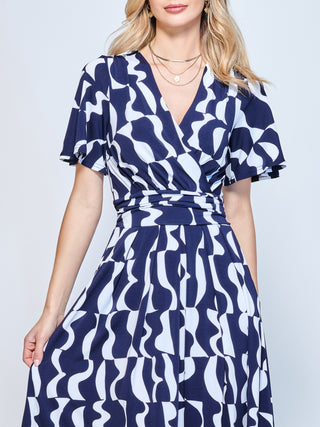 Print Angel Sleeve Jersey Maxi Dress, Navy Pattern
