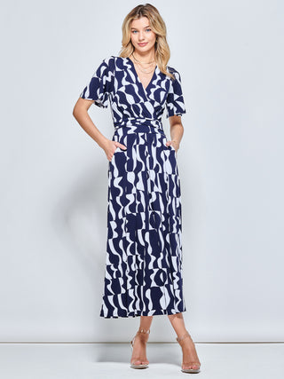 Print Angel Sleeve Jersey Maxi Dress, Navy Pattern