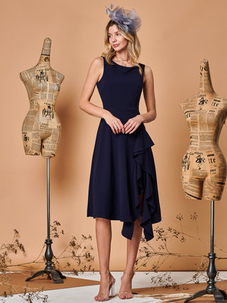 Fit & Flare Ruffle Detail Midi Dress, Navy