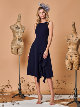 Fit & Flare Ruffle Detail Midi Dress, Navy