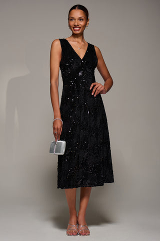 V-Neck Sequin Embellished Velvet Midi Dress, Black