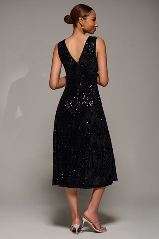 V-Neck Sequin Embellished Velvet Midi Dress, Black