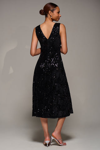V-Neck Sequin Embellished Velvet Midi Dress, Black