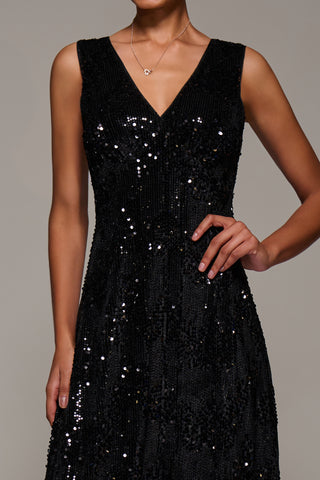 V-Neck Sequin Embellished Velvet Midi Dress, Black