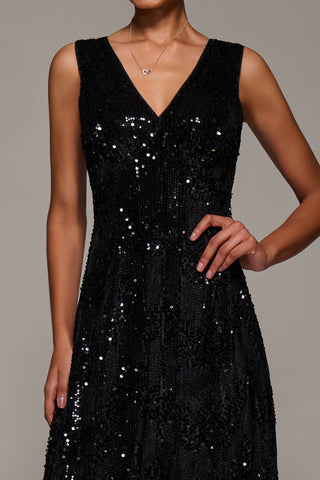 V-Neck Sequin Embellished Velvet Midi Dress, Black