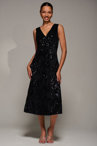 V-Neck Sequin Embellished Velvet Midi Dress, Black