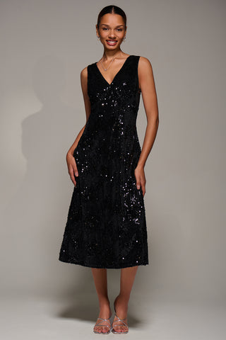 V-Neck Sequin Embellished Velvet Midi Dress, Black