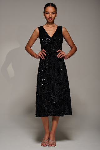V-Neck Sequin Embellished Velvet Midi Dress, Black