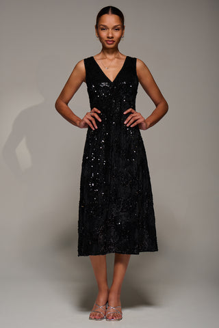V-Neck Sequin Embellished Velvet Midi Dress, Black