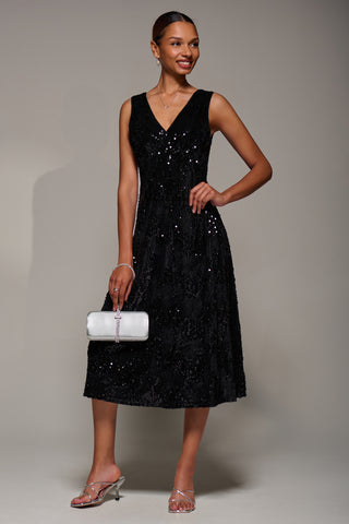 V-Neck Sequin Embellished Velvet Midi Dress, Black