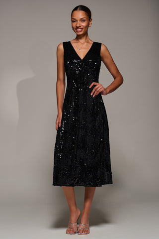 V-Neck Sequin Embellished Velvet Midi Dress, Black