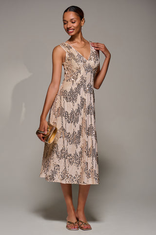 V-Neck Sequin Embellished Velvet Midi Dress, Gold