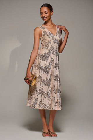 V-Neck Sequin Embellished Velvet Midi Dress, Gold