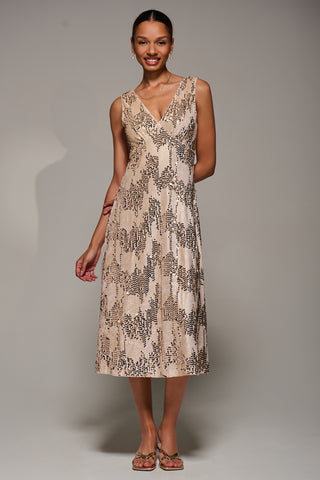 V-Neck Sequin Embellished Velvet Midi Dress, Gold