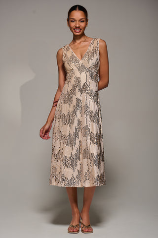 V-Neck Sequin Embellished Velvet Midi Dress, Gold