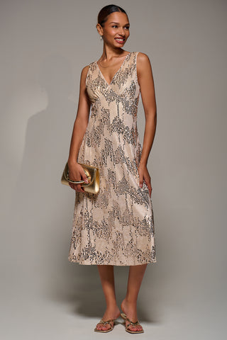 V-Neck Sequin Embellished Velvet Midi Dress, Gold