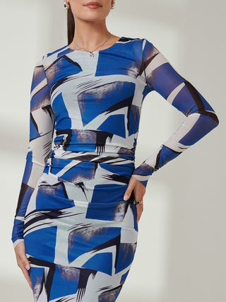 Long Sleeve Mesh Bodycon Maxi Dress, Blue Abstract