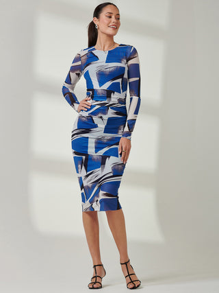 Long Sleeve Mesh Bodycon Maxi Dress, Blue Abstract